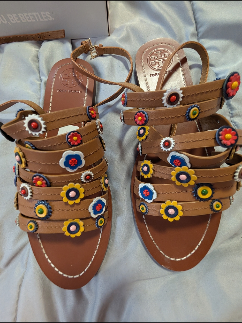 Tory Burch Brown Leather Floral Appliqué Strappy Sandals - Picture 4 of 6
